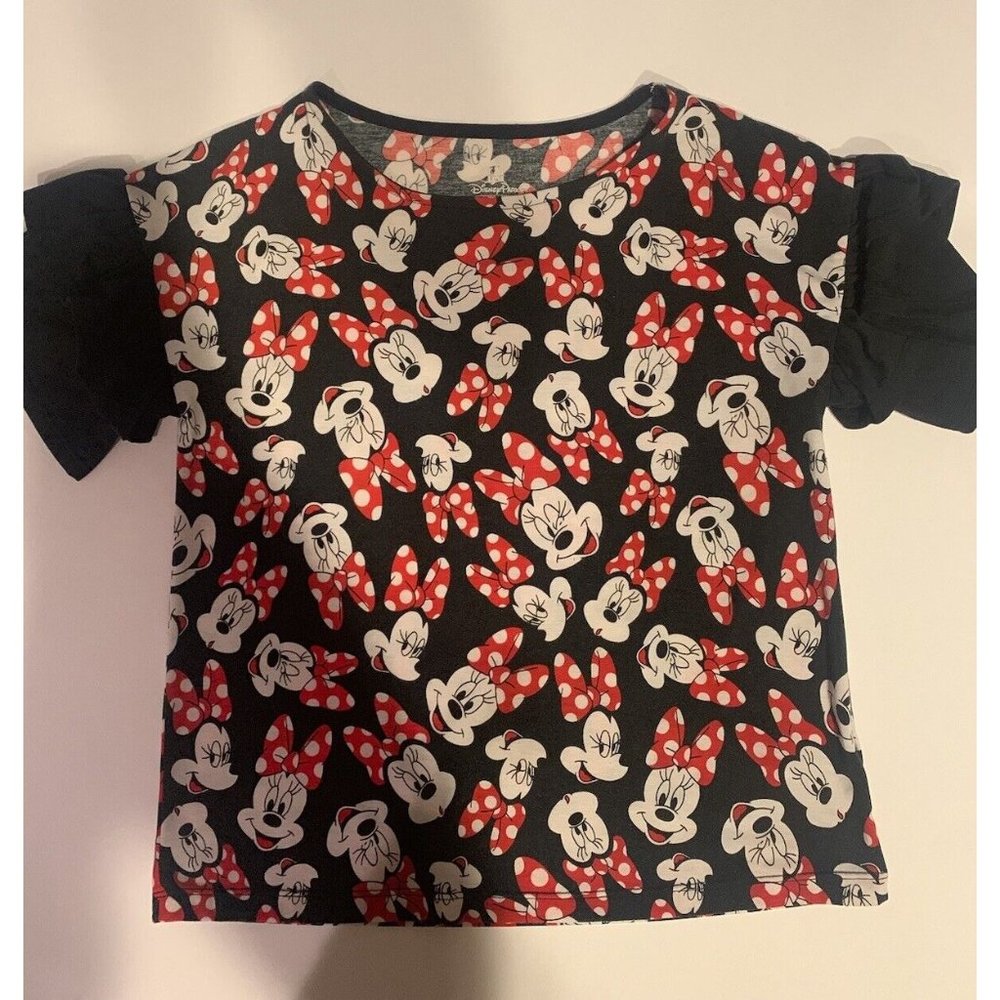 Disney Parks Minnie Mouse All Over Face Print Ruffled Sleeves Shirt Top Size XS